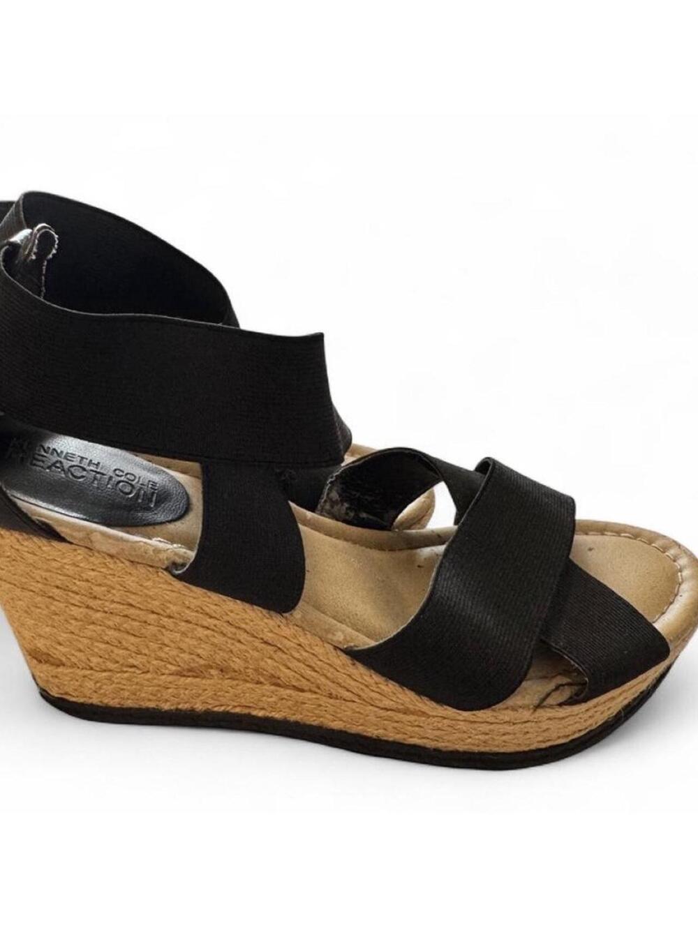 Kenneth Cole Reaction Black Elastic Cross-Strap Wedge Sandals